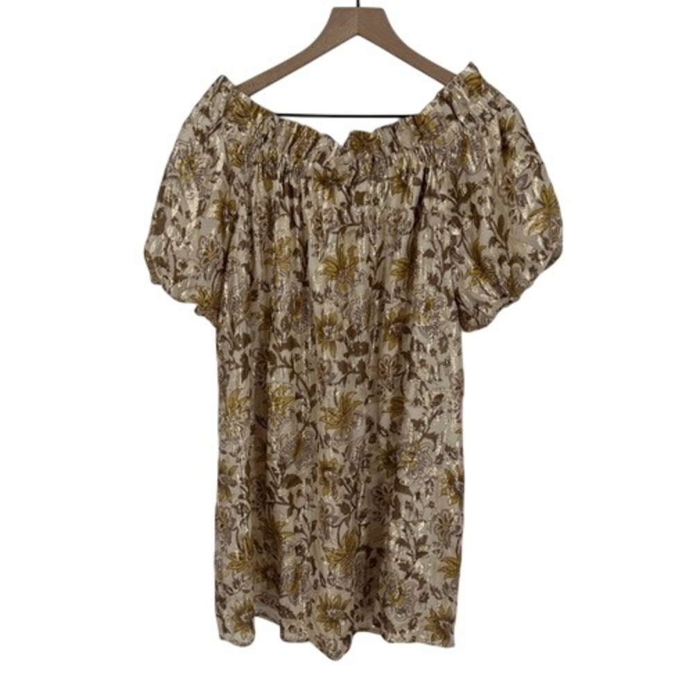 Sezane Rosita Dress in Miranda 40 US 8 Gold Floral Silk Metallic Off Shoulder - Picture 6 of 12
